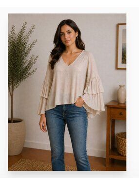 Chaser Tunic Shirt Womens Medium Beige Ruffle Bell Sleeve Jersey Top Blouse